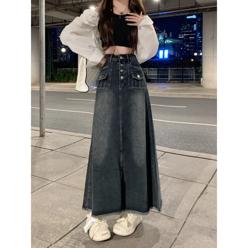 Denim Skirt Midi Vintage - Women's High Waist Frayed Denim Midi