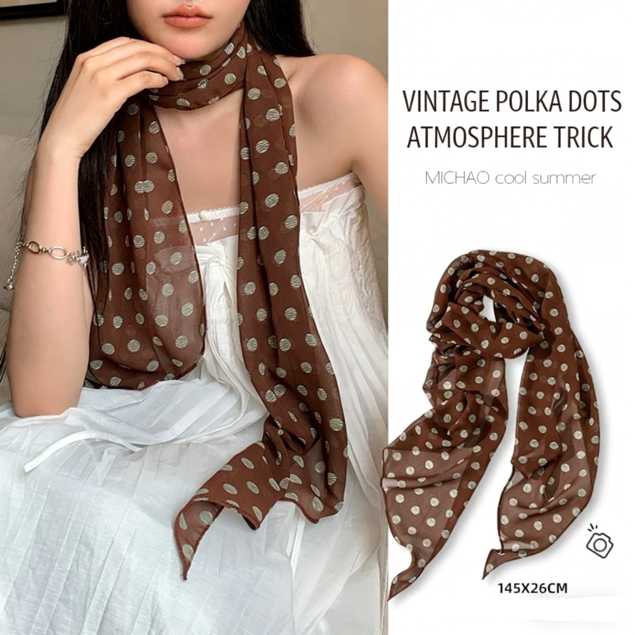 Vintage Fashion Wear - Vintage Polka Dot Chiffon Scarf For