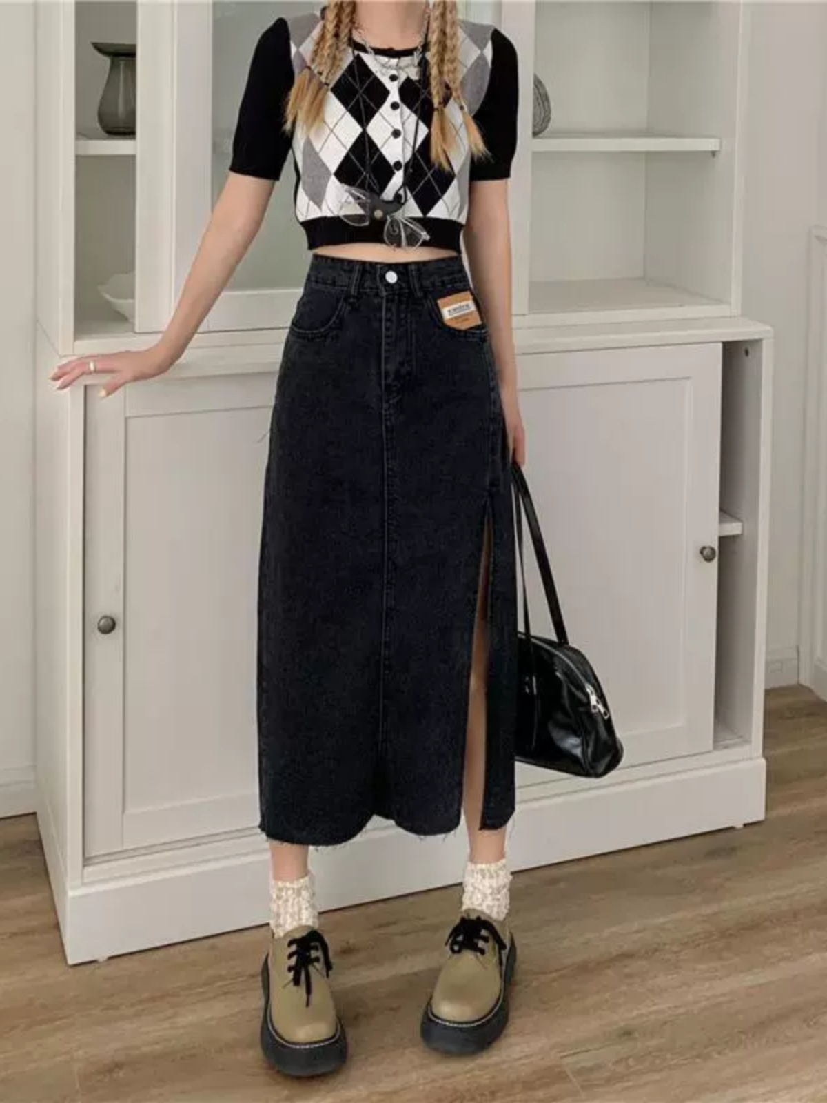 High Waist A-Line Midi Skirt f - Denim Skirt Midi Vintage 리뷰 및 가격