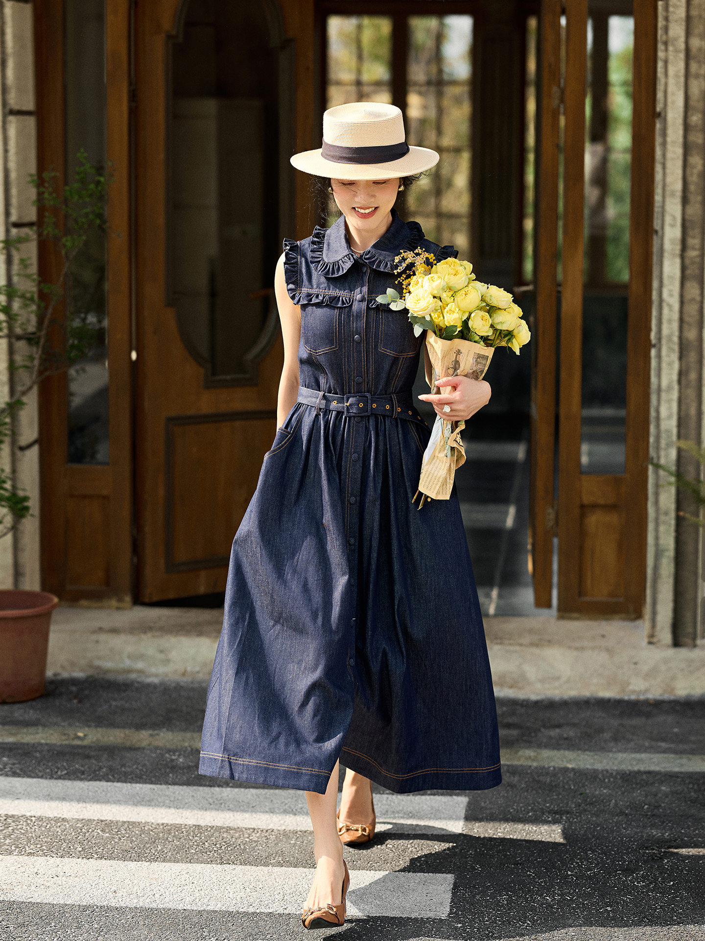 Retro Doll Collar Denim Dress  - Denim Skirt Midi Vintage 리뷰 및 가격