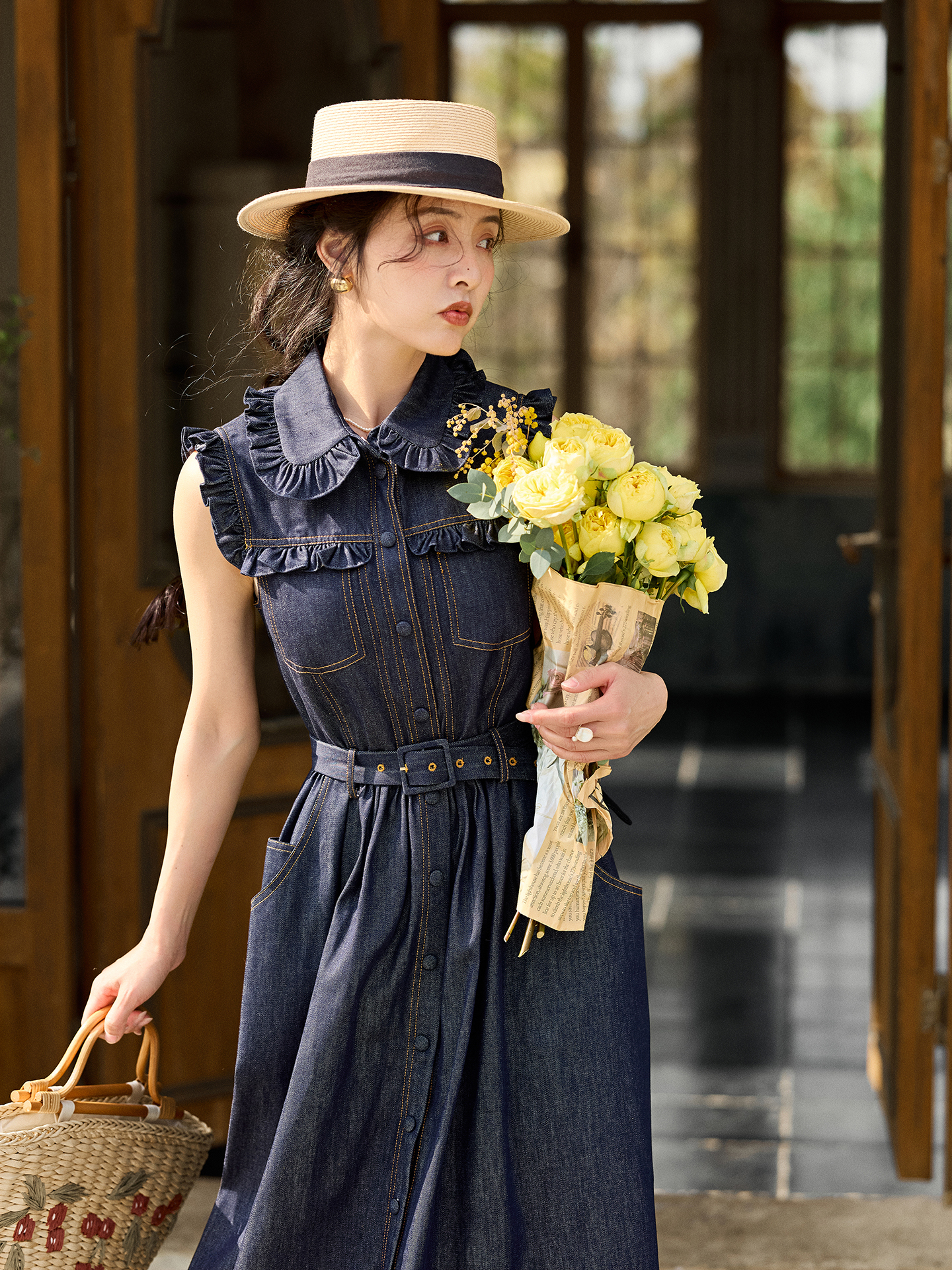 Retro Doll Collar Denim Dress  - Denim Skirt Midi Vintage 리뷰 및 가격