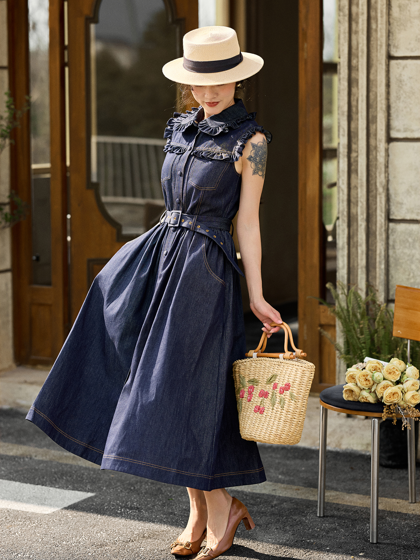 Retro Doll Collar Denim Dress  - Denim Skirt Midi Vintage 리뷰 및 가격