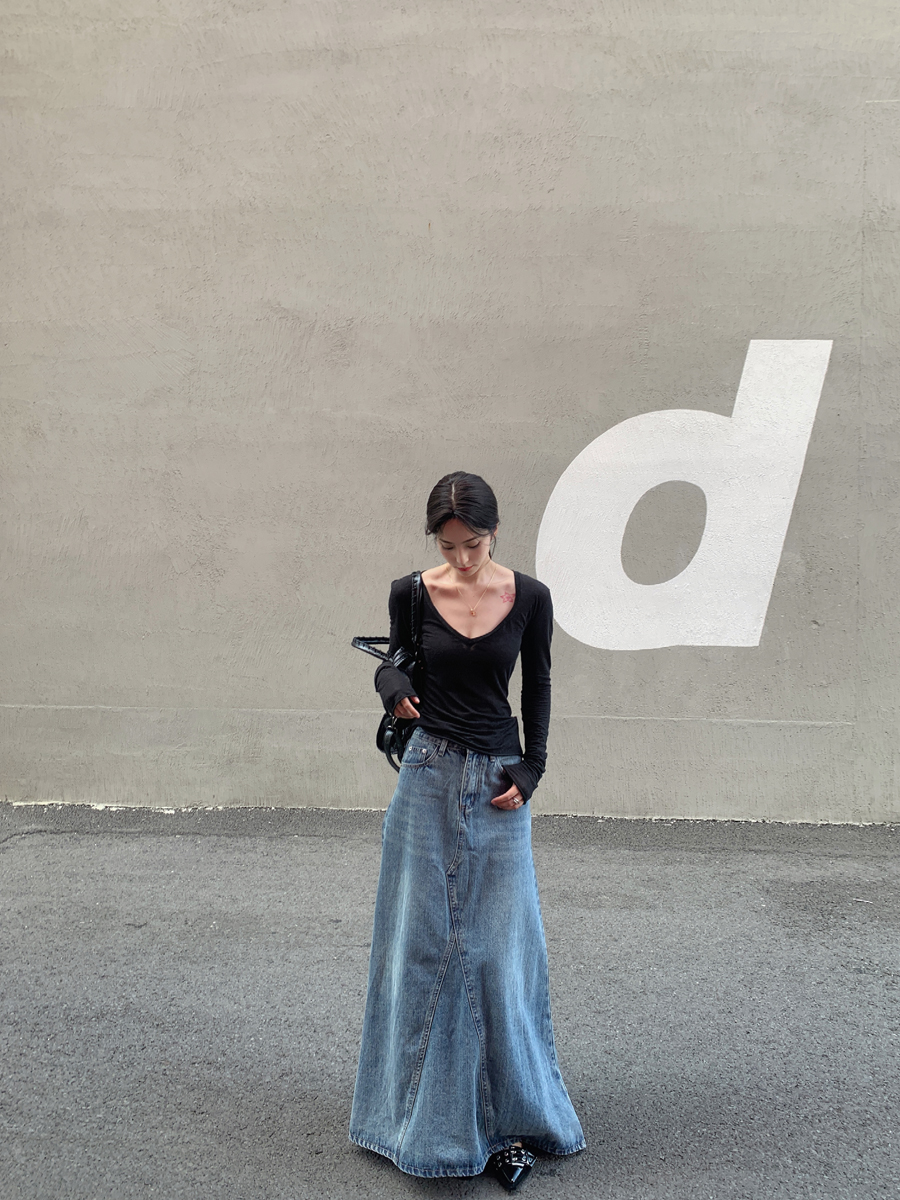 SMBL RAIN Vintage Washed Blue  - Denim Skirt Midi Vintage 리뷰 및 가격