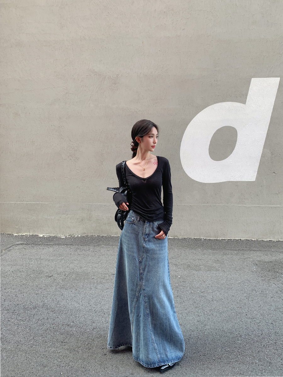 SMBL RAIN Vintage Washed Blue  - Denim Skirt Midi Vintage 리뷰 및 가격