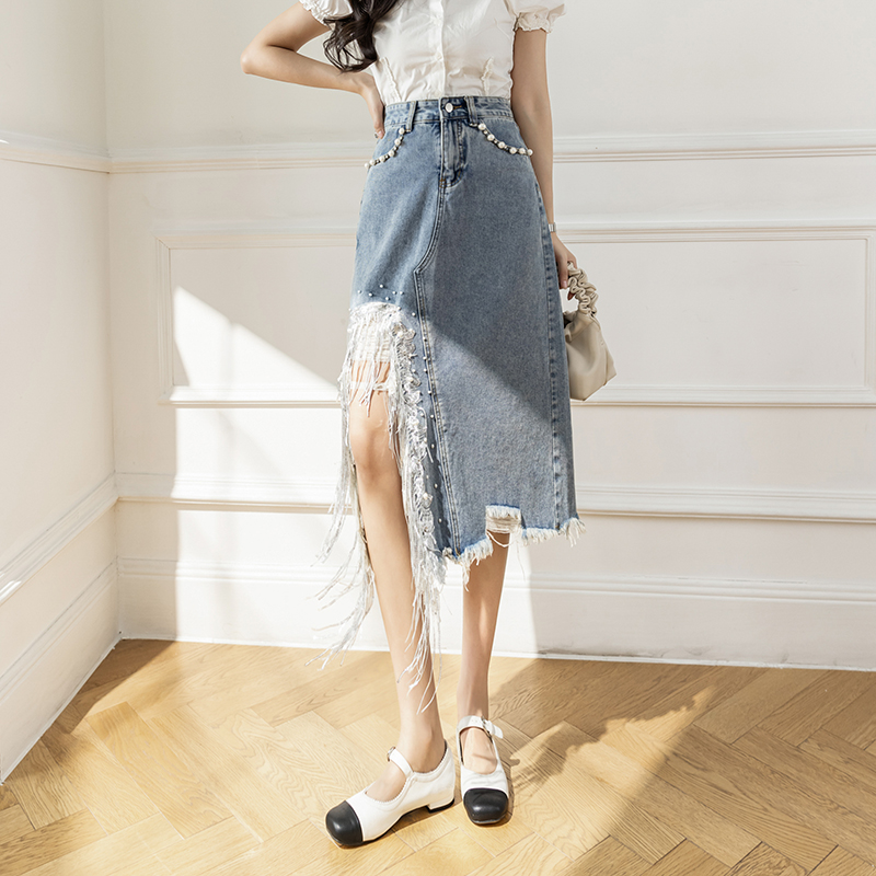 Vintage S-5XL Split Pearl Bead - Denim Skirt Midi Vintage 리뷰 및 가격