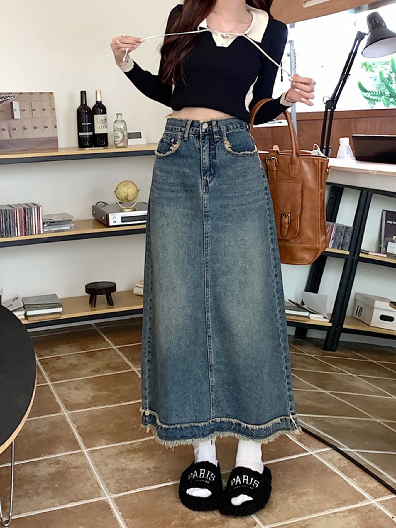 Vintage Frayed Edge High-Waist - Denim Skirt Midi Vintage 리뷰 및 가격
