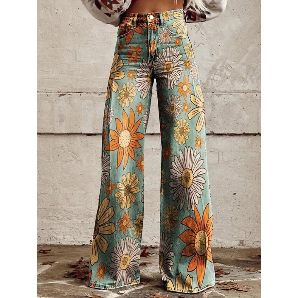 Women's Cute Retro Wave Daisy  - Wide Leg Trouser 70S 리뷰 및 가격