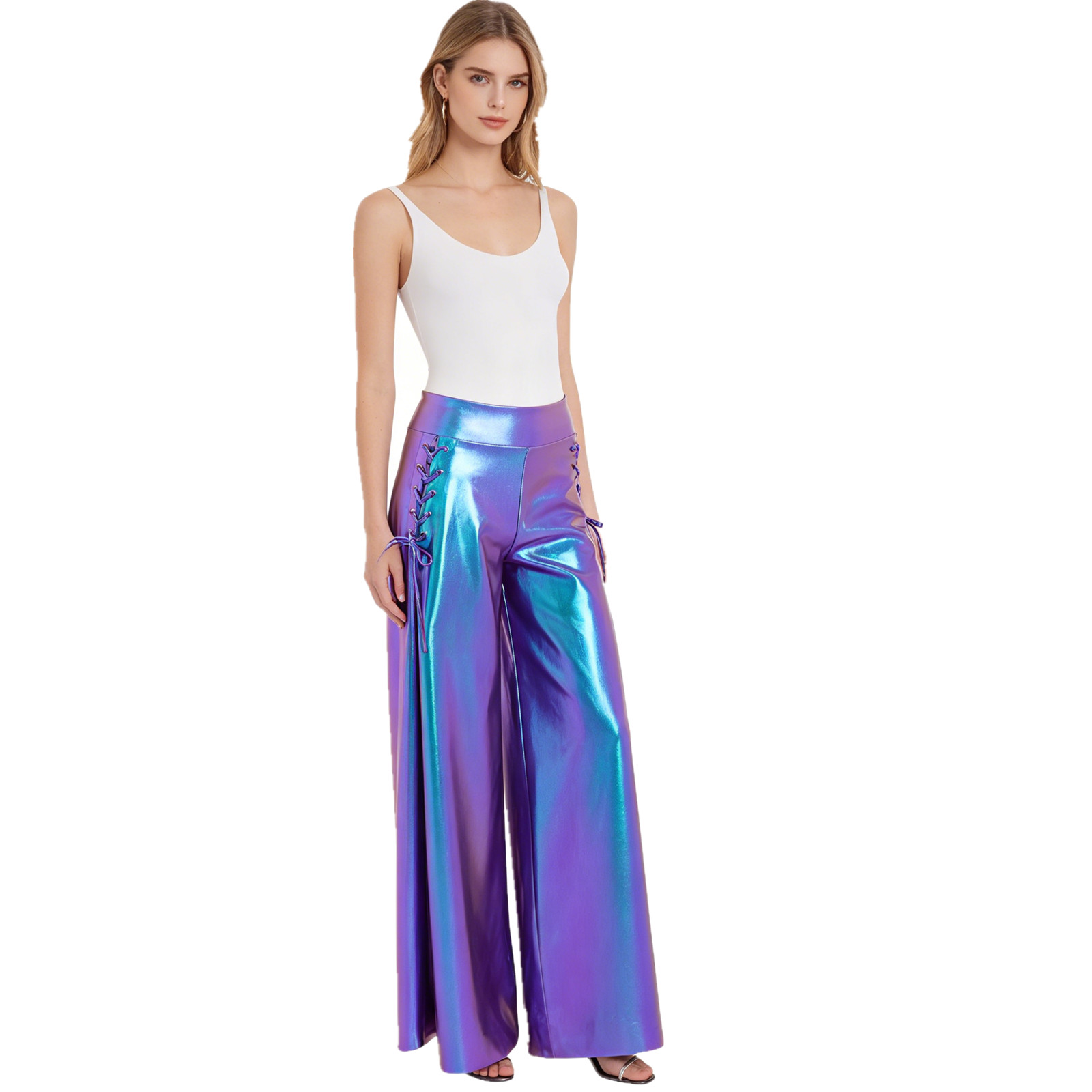 Women Fashion Metallic Shiny P - Wide Leg Trouser 70S 리뷰 및 가격